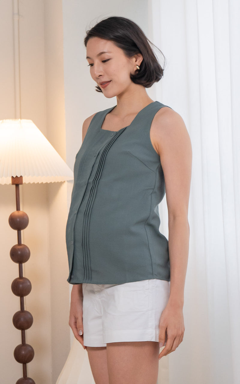 Bailey Pleated Nursing Top in Muted Green