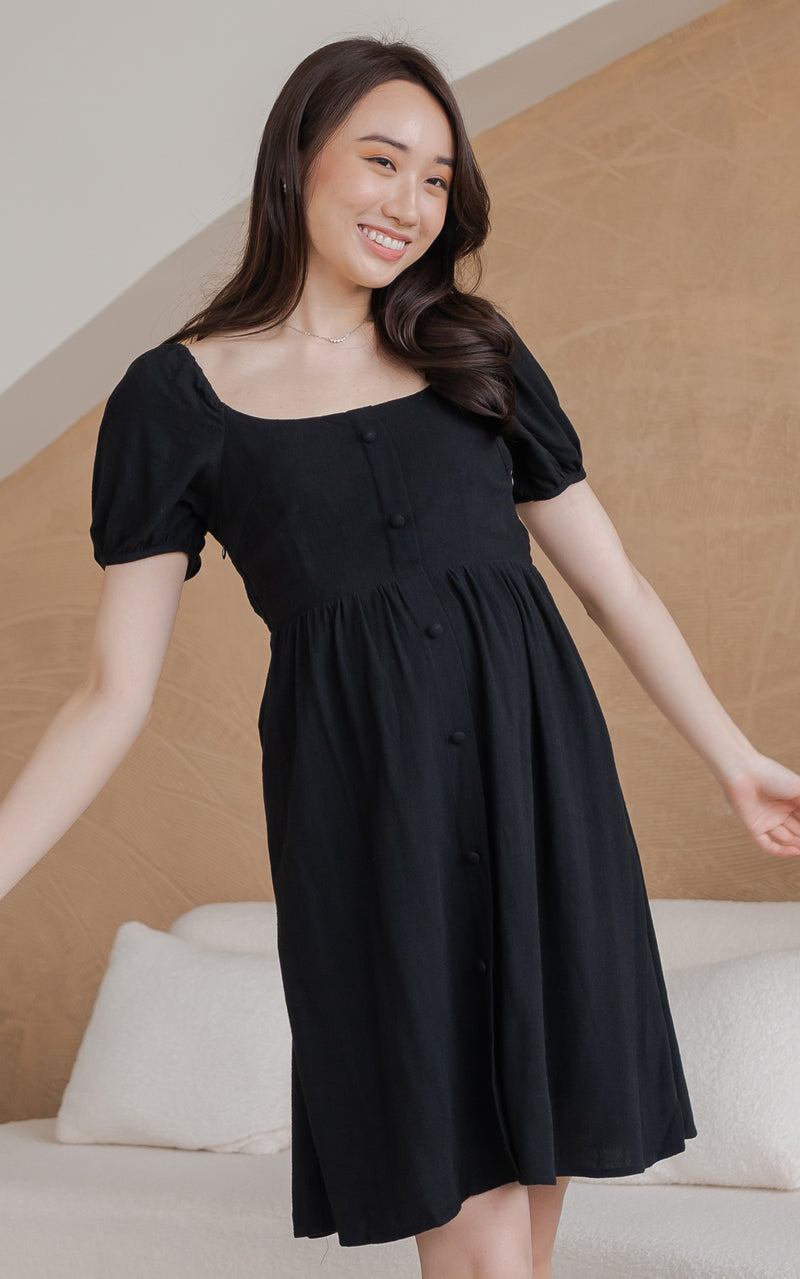 Diana Linen Nursing Dress in Black