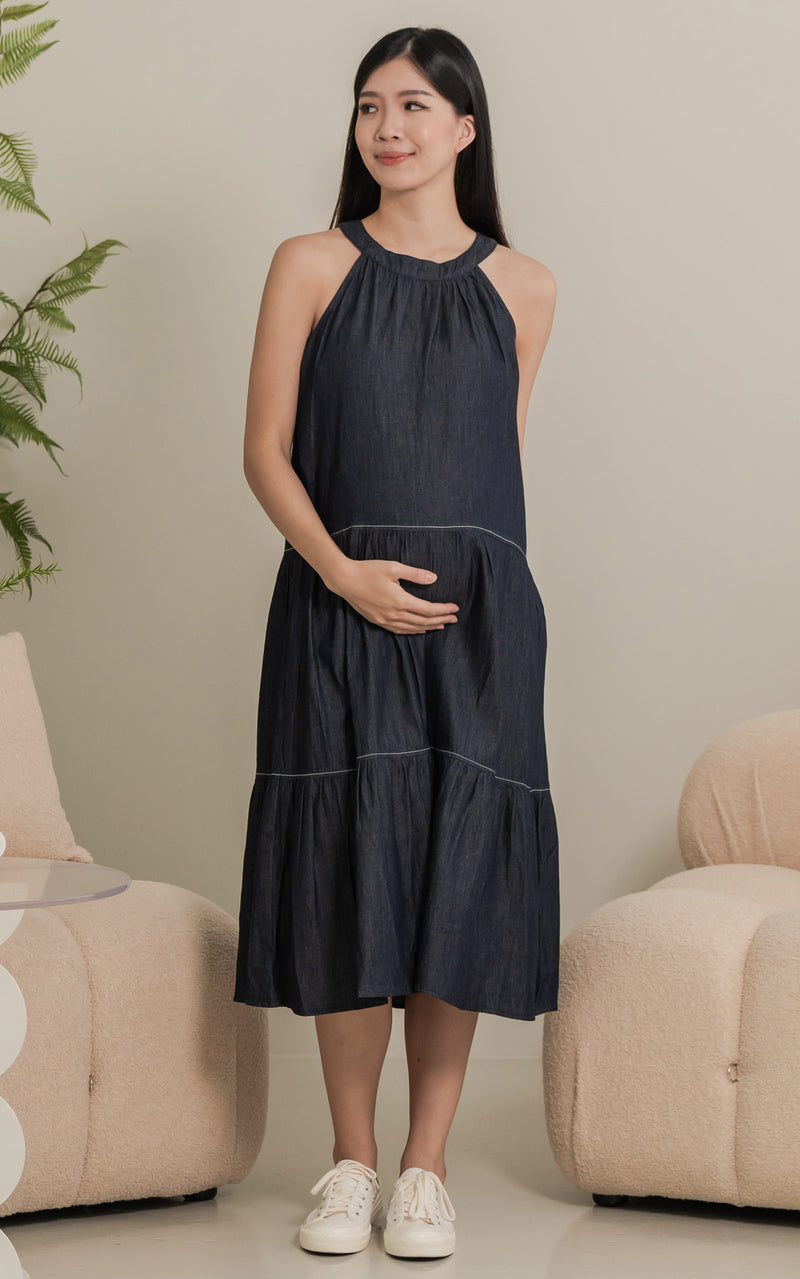 Catalina Flare Cut Nursing Dress in Dark Denim