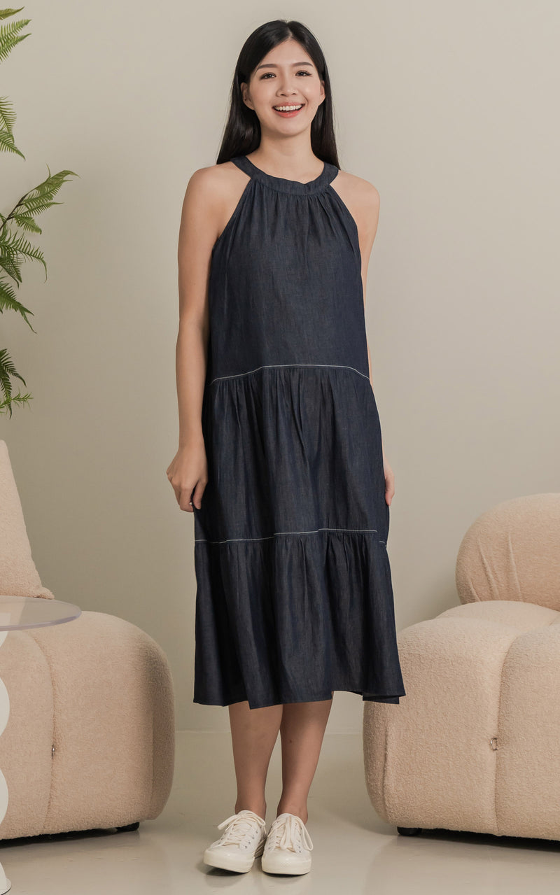 Catalina Flare Cut Nursing Dress in Dark Denim