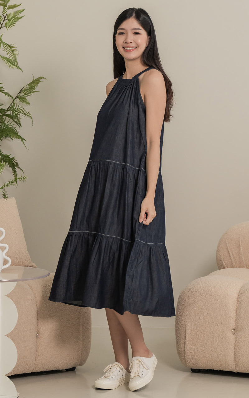 Catalina Flare Cut Nursing Dress in Dark Denim