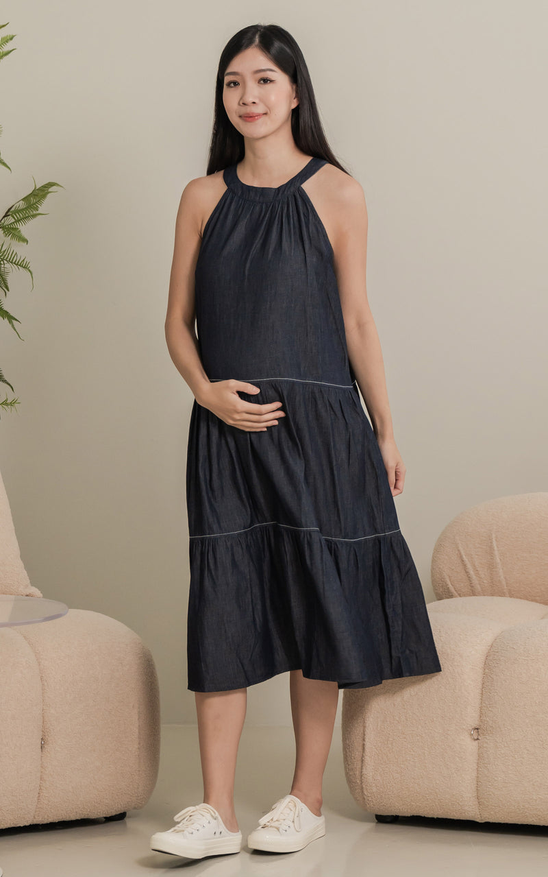 Catalina Flare Cut Nursing Dress in Dark Denim