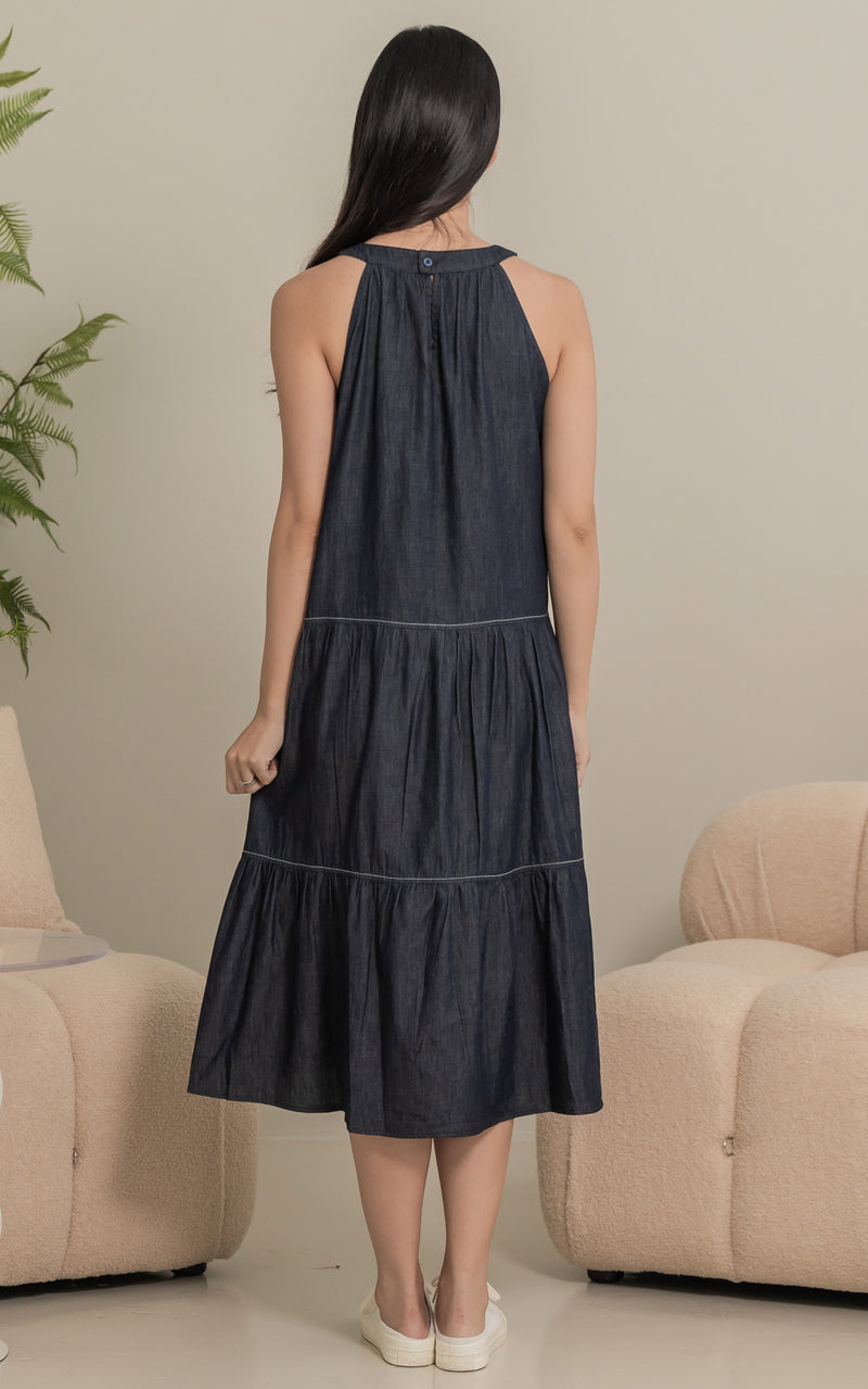 Catalina Flare Cut Nursing Dress in Dark Denim