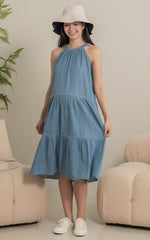 Catalina Flare Cut Nursing Dress in Light Denim