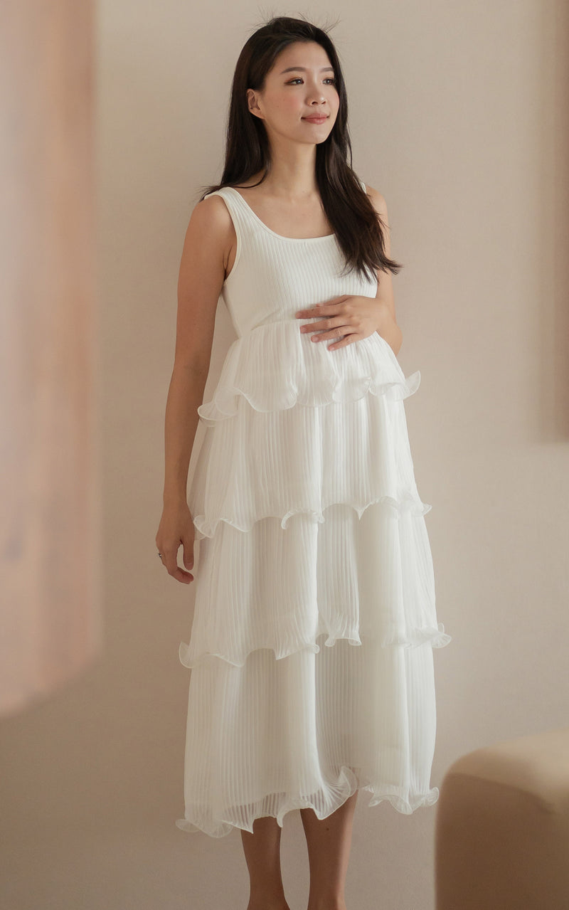 [BACKORDER] Lena Pleated Nursing Dress in White